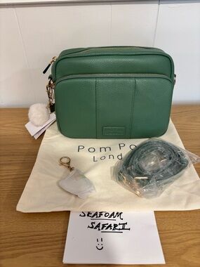 NWT Pom Pom London Soft Green Original Plus Bag + Heart Bag Charm